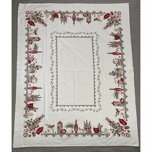 Vintage MCM Tablecloth Red Green Farmhouse Utensils Floral Print Cotton 63x50”